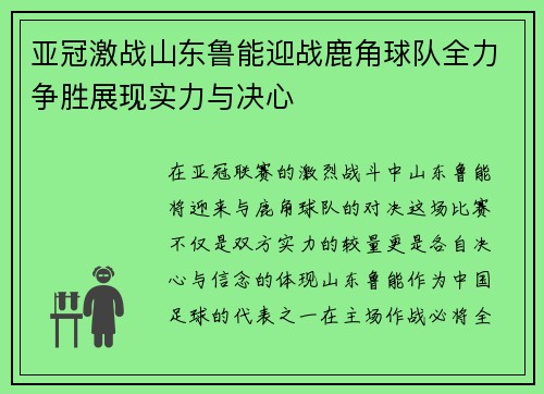 亚冠激战山东鲁能迎战鹿角球队全力争胜展现实力与决心